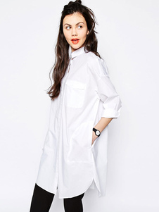 Blouse belle syle boyish en polyester blanc unicolore avec bouton devant court et derrière long