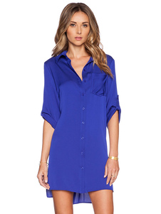 Belle robe droite syle boyish en polyester bleu foncé unicolore vêtements journaliers avec bouton co