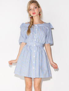 Fabuleuse robe skater doux en polyester bleu clair avec rayure vêtements journaliers plissé col bate