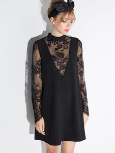 Robe éblouissante droite mode en polyester noir avec dentelle à dos décolleté creusé col montant