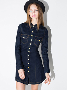 Élégente mini robe en polyester bleu foncé unicolore vêtements journaliers avec bouton col à revers
