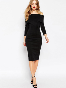 Robe longue noir en polyester unicolore fendu avec zip hors de l'épaule