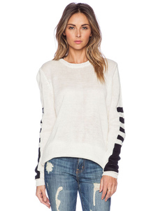 Populaire pull-over féminin casual blanc avec rayure et tricot manches longues