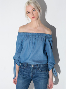 Blouse femme en polyester bleu unicolore avec lacets vêtements journaliers