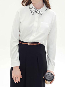 Blouse femme confortable en polyester blanc unicolore avec bouton vêtements journaliers