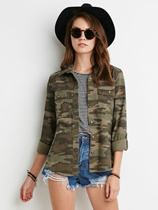 Camo Shirt coton manches longues col Turndown Blouse des femmes avec poches