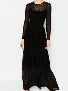 Robe longue noir en polyester unicolore à demi-transparence plissé col rond