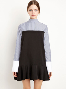 Attrayante robe skater doux en polyester noir avec rayure plissé à volants col roulé