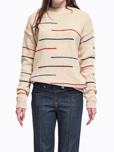 Chic femme pull casual beige avec rayure et tricot manches longues