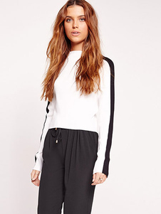 Populaire pull-over féminin casual blanc bicolore avec tricot manches longues