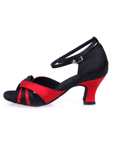 Pratiques chaussures de danse latine en satin noir à talons évasés courroie ajustable bicolore et bo