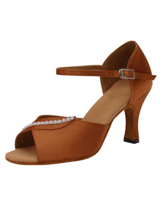 Adorables chaussures de latine en satin Brun à talons aigus courroie ajustable unicolore peep-toe