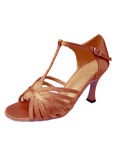 Magnétiques chaussures danse latine en satin Brun à talons aigus courroie ajustable unicolore et bou