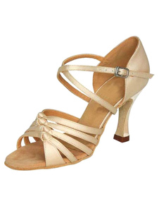 Belles chaussures de danse latine en satin champagne à talons aigus courroie ajustable unicolore et 