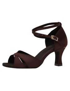 Attrayantes chaussures de latine en satin marron foncé à talons évasés courroie ajustable unicolore 
