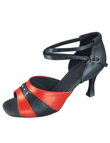 Magnétiques chaussures danse latine en satin rouge à talons aigus courroie ajustable bicolore peep-t