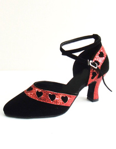 Belles chaussures de danse latine en micro daim noir à talons évasés courroie ajustable bicolore et