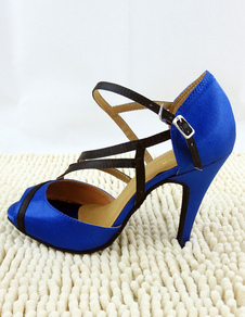 Populaires chaussures de latine en satin bleu à talons aigus courroie ajustable unicolore peep-toe