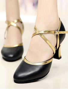 Magnétiques chaussures danse latine en PU noir à talons évasés courroie ajustable bicolore et bout r