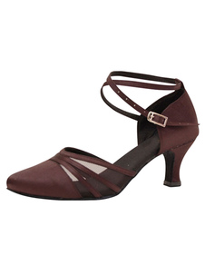 Attrayantes chaussures de latine en satin marron foncé à talons aigus courroie ajustable unicolore e