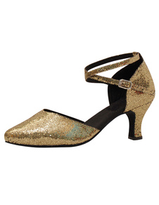 Attrayantes chaussures de latine Paillette or à talons aigus ruban aux chevilles unicolore et bout a