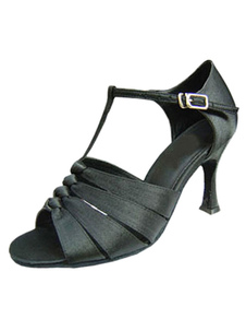 Adorables chaussures de latine en satin noir à talons aigus T-bracelet unicolore et bout ouvert