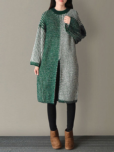 Populaire robe pull moyenne casual vert foncée bicolore fendue fendue col rond quotidienne