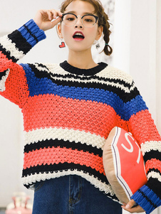 Populaire pull-over féminin casual orange avec rayure surdimensionné manches casaque manches longues