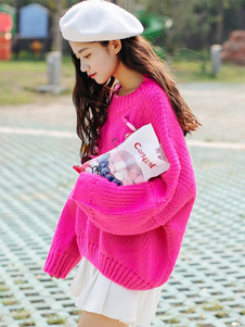 Doux pull pour femme style universitaire blanc unicolore avec pom pom surdimensionné manches casaque