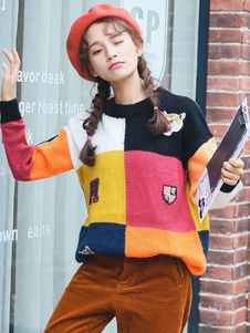 Adorable pull féminin casual noir écossais avec velcro surdimensionné manches casaque manches longue