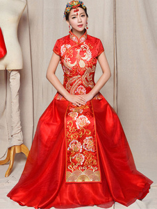 Phoenix rouge chinois Cheongsam Costume Halloween femmes jupe longue avec dessus de mariage