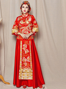 Jupe rouge Long de Qipao chinois Cheongsam Costume Halloween Phoenix mariage féminin avec Top