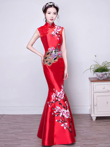 Chinois de Halloween Costume rouge manches courtes Slim Fit sirène longue Cheongsam robe brodée
