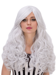 Halloween cheveux perruques argent bouclés en couches synthétiques longues perruques