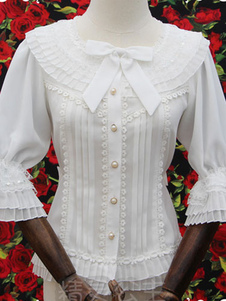 Chemisier lolita doux en coton unicolore à volants revers embelli