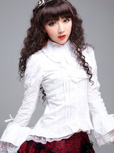 Chemisier lolita doux en polyester unicolore avec dentelle col roulé