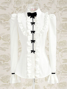 Chemisier lolita doux en polyester unicolore avec noeud col roulé