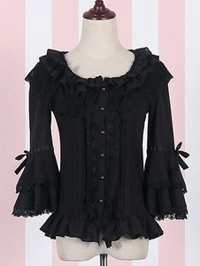 Chemisier lolita doux en lin de coton unicolore à volants col rond