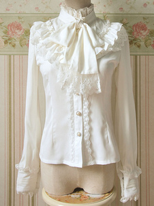 Chemisier lolita doux en polyester unicolore avec noeud col roulé