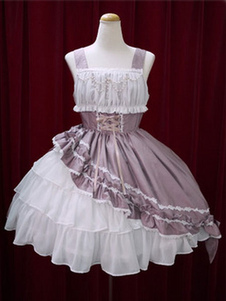 Belle robe à bretelles lolita en coton Mauve avec dentelle à volants et bretelles Robe