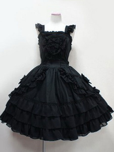 Belle robe à bretelles lolita en coton noire unicolore avec noeud à bretelles Robe