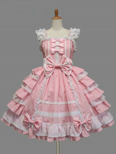 Sweet Lolita Robe JSK rose coton dentelle Bow volantée Lolita stratifiée Jumper Skirt
