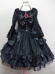 Gothic Lolita Robe Black OP Hime Long manches dentelle volantée Bow touche Lolita une pièce robe ave