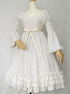 Robe lolita attirante en coton ivoire unicolore douse revers embelli