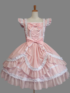 Robe lolita en 100% coton rose unicolore douse hors de l'épaule