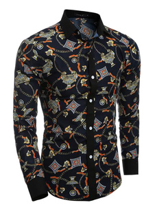 Chemise en coton mélangé bleu marine foncé manches longues