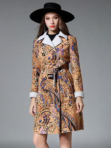 Adorable manteau d'hiver femme en polyester kaki impression avec ceinture croisé col à revers