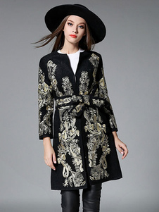 Charmant manteau d'hiver femme en laine noir avec ceinture col rond