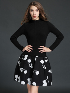 Éblouissante robe skater mode en coton noir impression plissé col rond