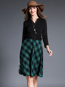 Éblouissante robe skater mode en coton noir écossais plissé avec ceinture décolleté cranté